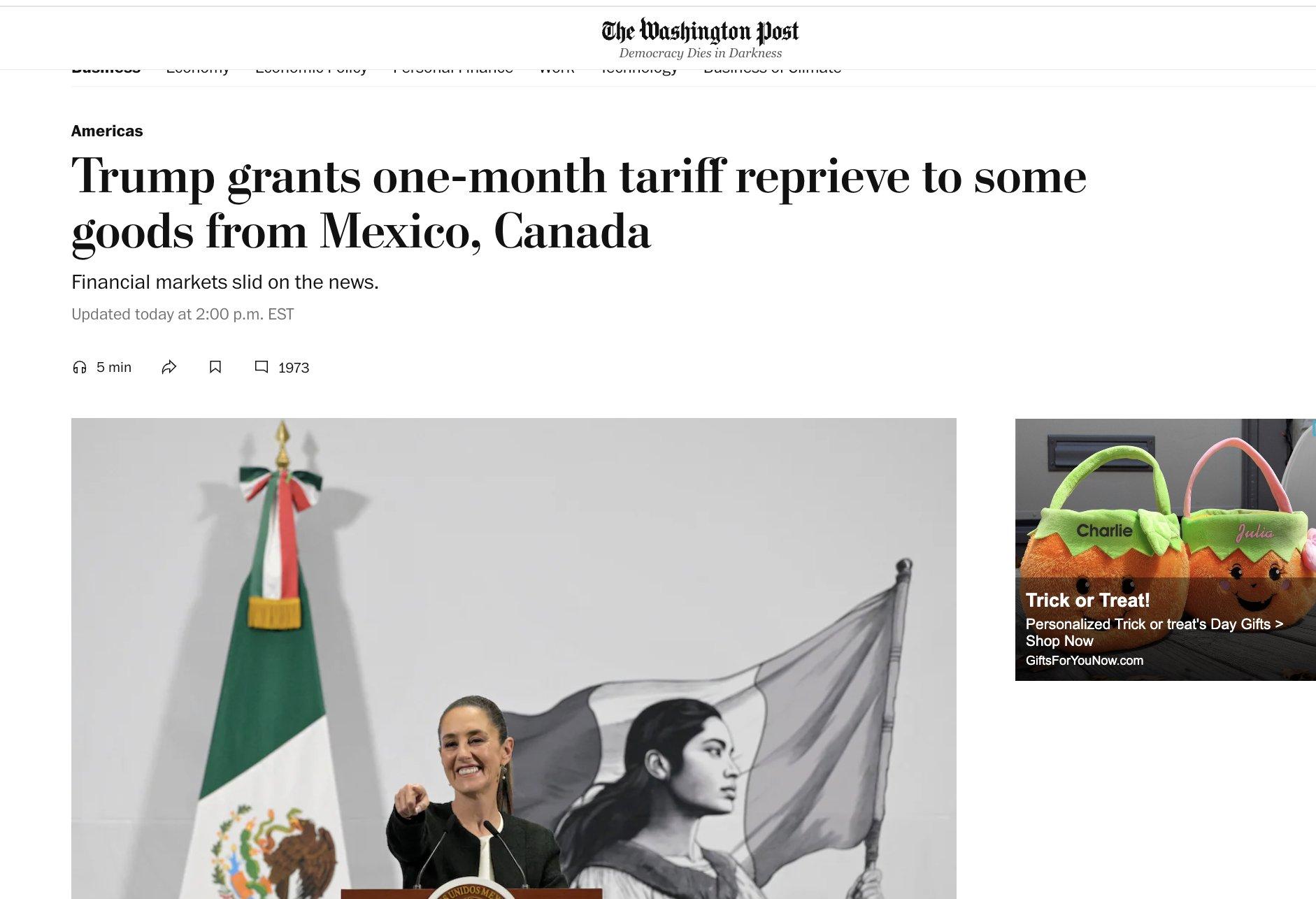 Trump grants one-month tariff reprieve to some goods from Mexico, Canada - The Washington Post