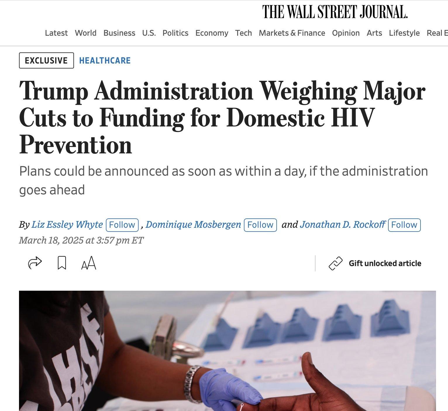 Exclusive | Trump Administration Weighing Major Cuts to Funding for Domestic HIV Prevention - The Wall Street Journal